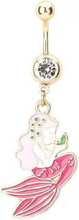 [Jemant] Mermaid Tail Belly Button Rings For Women Stainless Steel Long Bar Dangly Cubic Zirconia Blue Pink Mermaid Dangle Belly Button Rings For Women Sensitive Skin Titanium Jewelry