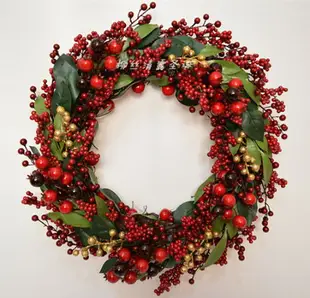 仿真花環裝飾圣誕派對掛件手工制作綠葉紅果硬鋼圈大花環開業門飾