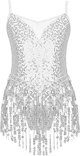 [Fldy] Kids Girls Sleeveless Latin Jazz Dress Shiny Sequins Tassel Hem Dance Leotard for Rumba Cha Cha Dancing