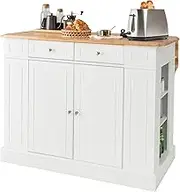 LOKO Kitchen Island with Drop Leaf, Kitchen Storage Cabinet with Rubber Wood Top, 2 Drawers, 5 Adjustable Shelves & Spice Racks, Island Table for Kitchen Home Coffee Bar, 47 x 36 x 36 Inches (White)