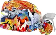 [WOSHJIUK] Working Hat 2 Pack Scrub Caps for Women,Watercolor Graffiti Painting,Tie Back Cap Adjustable Scrub Hat