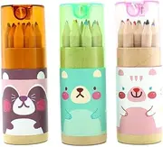 Pomeat 3 Pack Cute Cartoon Bear Mini Drawing Colored Pencils with Sharpener, 3.5" Length, Portable, 12 Count in Tube
