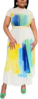 [LUXRUB] Women's Fashion Printed 2 Piece Outfits Round Neck Short Sleeve Shirt Top And A-Line Flowy Pleated Maxi Skirt Set