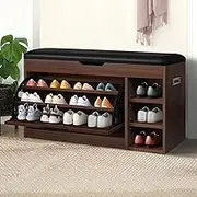ALFORDSON Shoe Cabinet Bench Shoes Storage Rack Adjustable Cabinets Organiser Drawer Shelf with Flip-up Top & Door, Upgraded Model,Wooden Home Furniture for Living Room, Entryway, Hallway (Walnut)