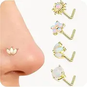 [Sanfenly] Nose Rings Studs for Women Stainless Steel L Shaped Nose Studs Opal CZ Sunflower Turquoise Bee Planet Geometric Nose Piercing Jewelry