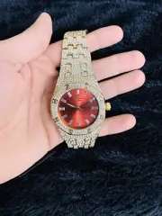 Stainless Steel Techno Pave Red Dial Gold Finish Solitaire CZ Hip Hop Watch