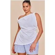 Plus White Linen Slash Neck Asymmetric Sleeveless Top, White