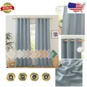Elegant Linen Blend Semi-Sheer Curtains, Grommet Top, Stone Blue, Set of 2