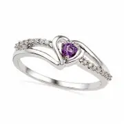 Amethyst and Natural Diamond Accent Heart Promise Ring in Sterling Silver