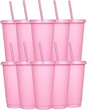 Yistuo 24 oz Plastic Tumbler with Straw and Lid 10 Pack Water Bottle Iced Coffee Travel Smoothie Mug Reusable Cups for Parties Birthdays Wedding Beach Pool Party (10, Pink)