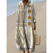 Women's Maxi Dress Sundress A Line Dress Vacation Casual Boho Going out Beach Graphic Geometric Stripe Long Sleeve V Neck Black Yellow Light Green Red Summer S