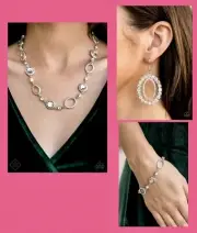 Paparazzi Rhinestone Necklace, Bracelet, And Earrings Set In Silver