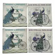 Kitchen Cork Backed Coasters Peacock Ceramic Set 4