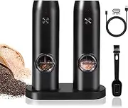 Electric Salt and Pepper Grinder Set - USB Rechargeable One Hand Operation Automatic Pepper Grinder and Salt Grinder with Adjustable Coarseness & LED Light with Charging Base （2 pcs）