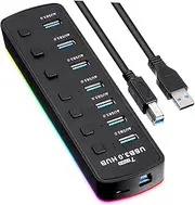 Yardenfun 7 Port USB Splitter Hub USB Adapter for Laptop Extra USB Connectors USB 3.0 Power Supply Port Led Indicator Light