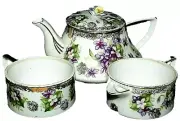 Porcelain Teapot Set Sugar & Creamer W/Lid White Purple Violets 24K Gold Gilding