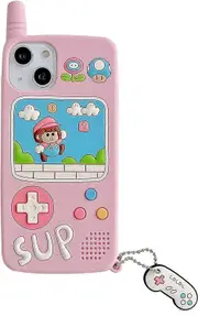 Retro Phone Case for iPhone 14 Pro Max,Kawaii 3D Cartoon Classic Cellular Phone with Keychain Soft Silicone Shockproof Protector Cut for Girls Pink