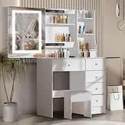 Umeiga Hollywood Vanity Set, Bedroom Furniture Makeup Table with Sliding Mirror and 3 Color Modes, Vanity Table with Powerful Drawers and Cabinets for Girls and Women