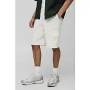 Mens Ecru Relaxed Elasticated Waist Seersucker Cargo Short