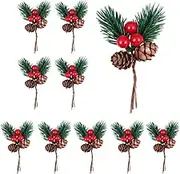 10 Pcs Christmas Pine Cone Picks Decorations Artificial Christmas Picks and Sprays Red Berry Stem Branches with Holly Leaves for Xmas Tree Christmas Wreath Decor (10pcs)