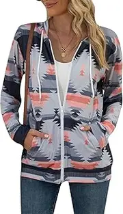 [YongXinMY] Women Zip Open Geometric Pattern Sweatshirt Jacket-With Pockets Casual Loose Fit Printed Long Sleeve Hooded Outerwear for Autumn Travel Everyday Wear