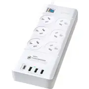 Sansai PAD-8066 6 Outlet Powerboard with USB-A & USB-C Surge & Overload Protected 375J USB-C - PD3.0 Power Delivery 20W Max [PAD-8066]