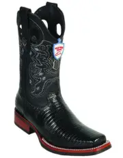 WILD WEST BLACK GENUINE LIZARD COWBOY BOOT RODEO-SQUARE-TOE RUBBER SOLE (EE)
