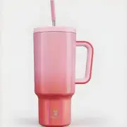 Meoky 40 oz Tumbler W/ Handle, Lid & Straw - Insulated Stainless FLAMINGO