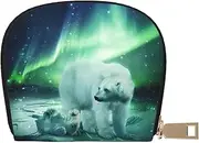 [JEJEA] Northern Lights Polar Bear Print Credit Card Holder Wallet, Small Card Holder Wallet with Zipper,Leather Card Holder, White, One Size