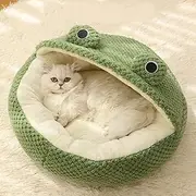 Frog Cat Bed, 40cm/15.7inch Round Cozy Hooded Cat Bed with Frog Eyes, Plush Winter Thermal Pet Bed, Non-Slip Puppy Bed for Small Dogs Cats
