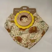 Mud Pie Baby Natural Wood & Silicone Teether BPA Free With Drool Bib Animals