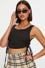 Black Ruched Drawstring Scoop Neck Top - Size L, Women's Trial Jersey