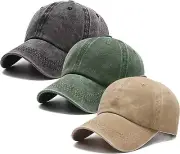 3 Pack Washed Plain Vintage Baseball Cap Medium-Large, Dark Green+black+khaki