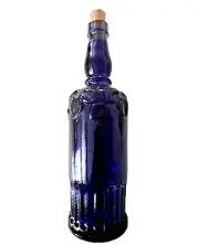 Vintage Cobalt Blue Glass Wine Bottle w/Cork Embossed Grapewine Leaves NEW