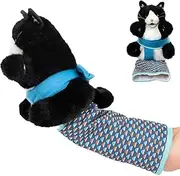 Black and White Cat Hand Puppet, Plush Interactive Pet Toy, Blue Pattern Design