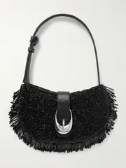 [STAUD] STAUD - Alana Leather-trimmed Fringed Beaded Satin Shoulder Bag - Black - One size One size Black