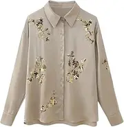 [Generic] Women's Retro Casual Sequin Spliced Single Breasted Long Sleeved Shirt Set with Loose Collared Thin Shirt Set