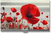 [VFMKT] Slim Metal Business Card Holder Portable Business Card Case Pocket Name Card Holder Red Poppy Flower Wallet for Men Women Office Travel, style, One Size