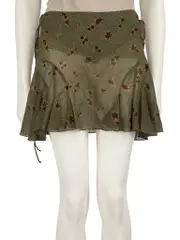 Green Floral Silk Ruffled Mini Skirt