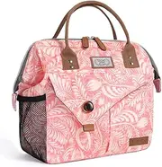 Lunch Bag for Women Insulated Lunch Cooler Bag, Leakproof Reusable Lunch Tote Bag for Work, Office, School, Picnic (Pink Leaves)