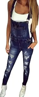 [Legou] Women's Slim Strap Ripped Denim Overall Jumpsuit