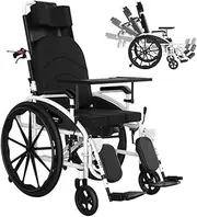 Manual Wheelchair, Foldable High Backrest Can Lie Flat with Toilet Double Brakes Table Anti-Tipping Device for Elderly Disabled