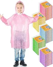 [Berlune] 50 Pcs Kids Rain Ponchos Bulk with Drawstring Hood Elastic Sleeves Disposable Emergency Rain Ponchos for Kids