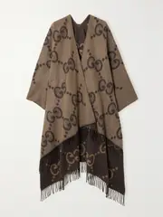 [Gucci] Gucci - Reversible Fringed Jacquard-knit Cashmere Wrap - Brown - One size One size Brown