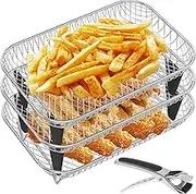 12Pcs Air Fryer Accessories Rack Rectangular with 8 Silicone Feet 1 Anti-Scald Clip for Double Basket Air Fryer Oven 3 Layer Air Fryer Rack Stacking Air Fryer Grill Rack Stainless Steel Dehydrator