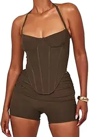 [RISCUYY] Women's Two Piece Summer Sets Sexy Sleeveless Lacing Halter Backless Top and Shorts Pants High Waist Matching Sets