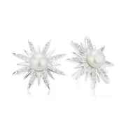 Sterling Silver Button 7-7.5mm Cubic Zirconia White Fresh Water Pearl Stud Earrings