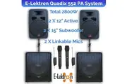 E-Lektron Quadix 552 2800W Active & Subwoofer Vocal Speakers Sound System with linkable UHF Mics and Poles