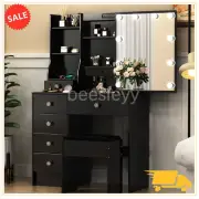 Vanity Stool Desk with LED Sliding Mirror , Dressing Makeup Table with 6 Drawers