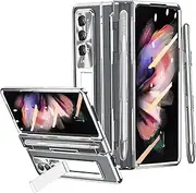 [Miimall] Mobile Phone Case Compatible with Samsung Galaxy Z Fold 3 Case with S Pen, Transparent PC Protective Case with Pen Holder + Screen Protector + Stand Case for Samsung Galaxy Z Fold 3 5G Silver